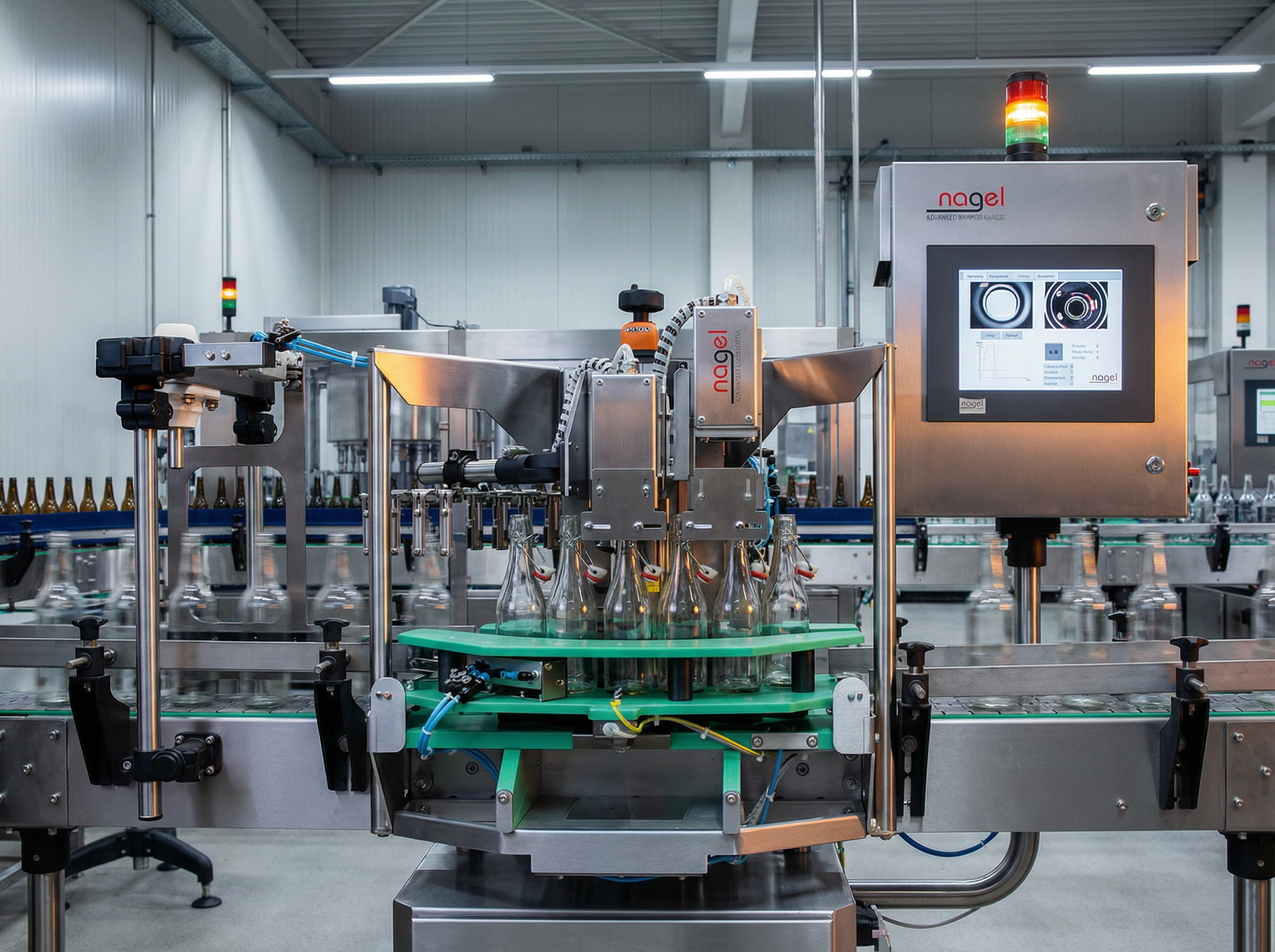 Firefly_GeminiFlash_ndustrial production scene with an advanced empty glass bottle inspection machine int 219779