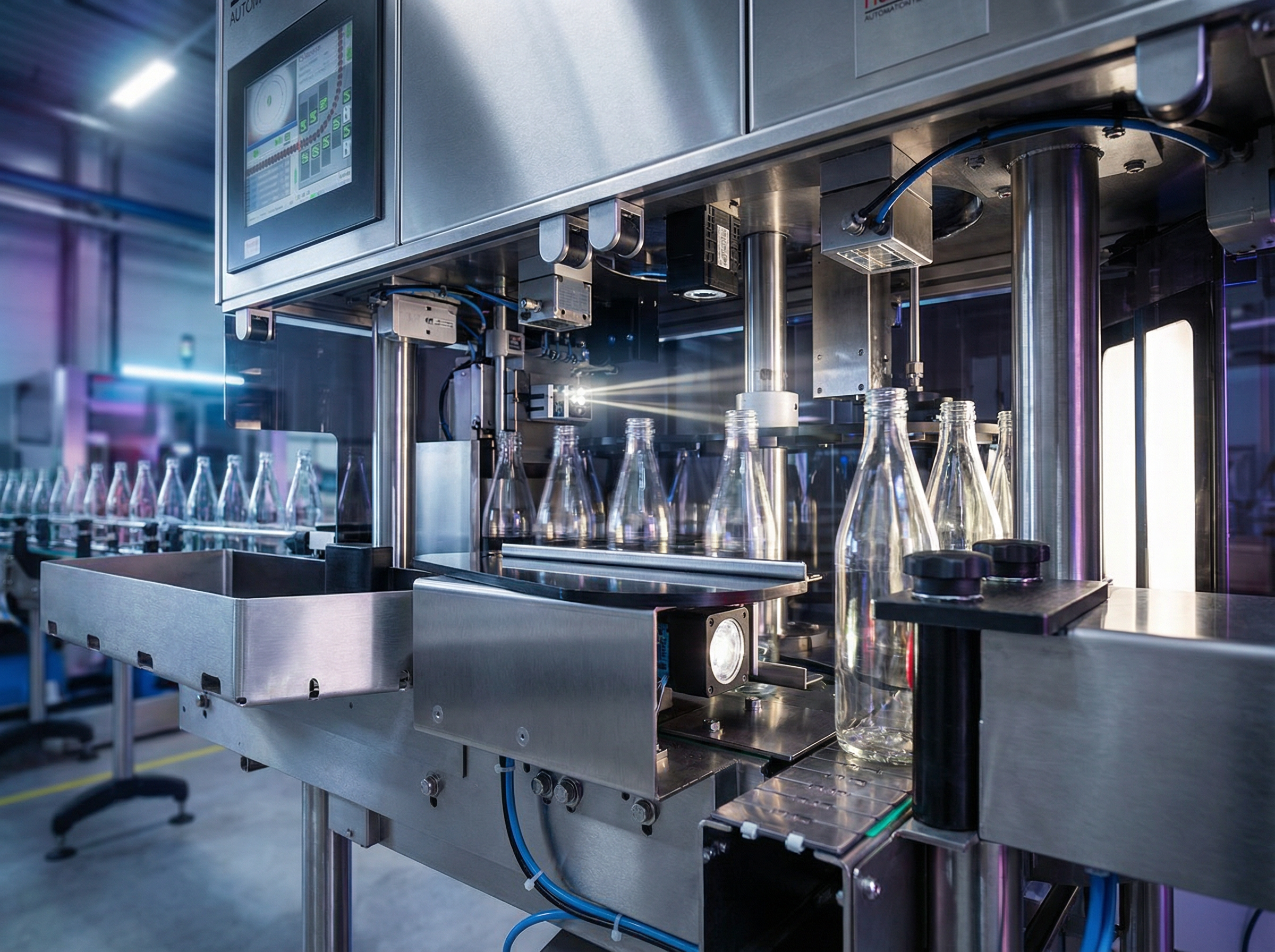 Firefly_GeminiFlash_Close-up professional advertising photo of an industrial empty bottle inspection syst 219779